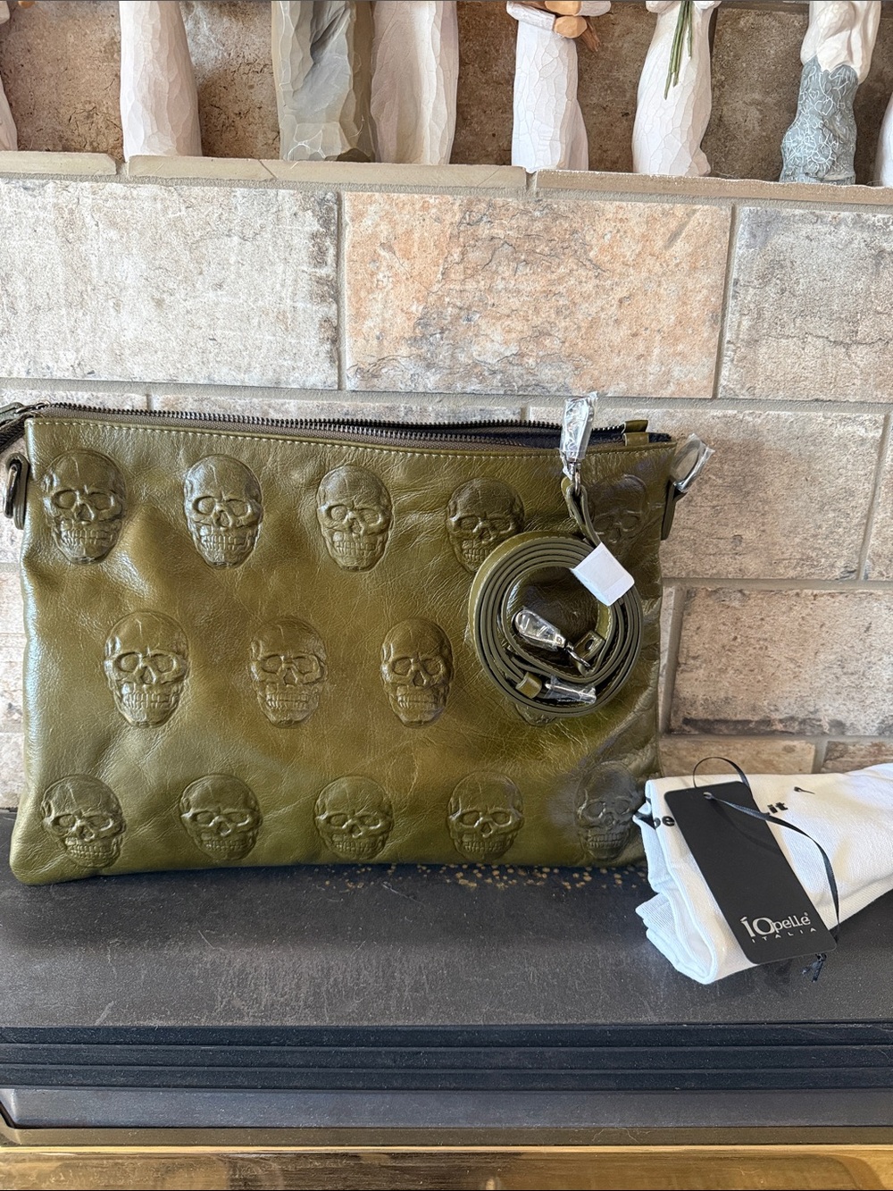 Iopelle Olive Green Embossed Skull Leather Crossbody Bag